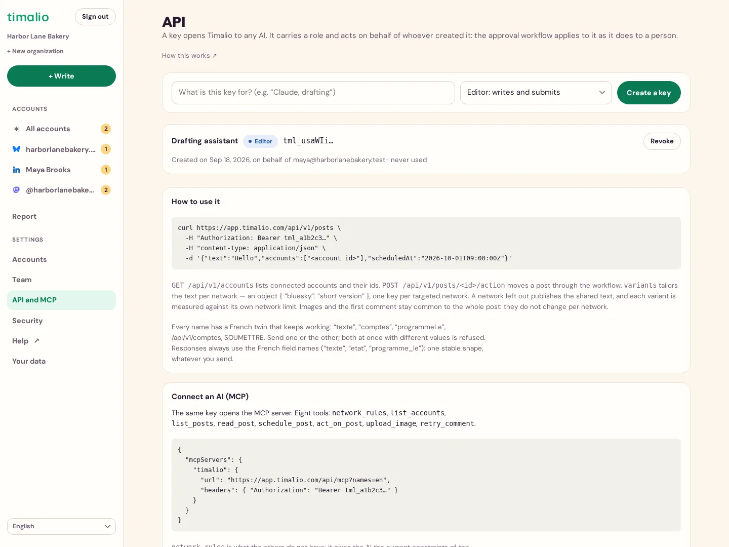 The API and MCP page in Timalio: an editor key, a curl example that schedules a post with text, accounts and scheduledAt, the note on French names, the list of the eight tools, and the MCP server configuration.
