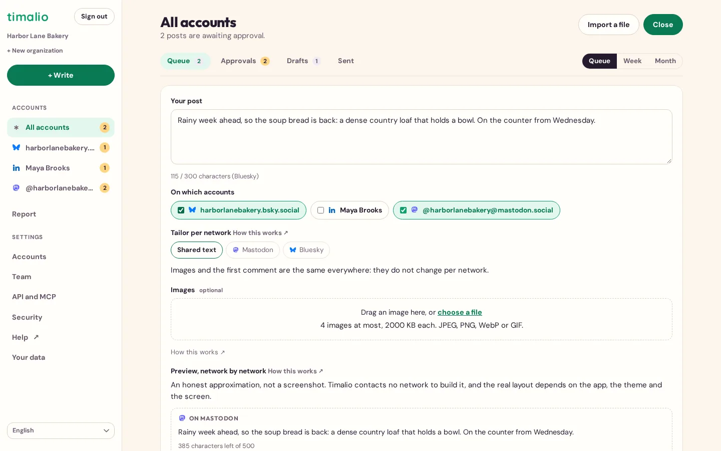 The Timalio composer: the text, the character counter for the strictest network (here Bluesky), the account picker, per-network tailoring, the image area and the preview, network by network.