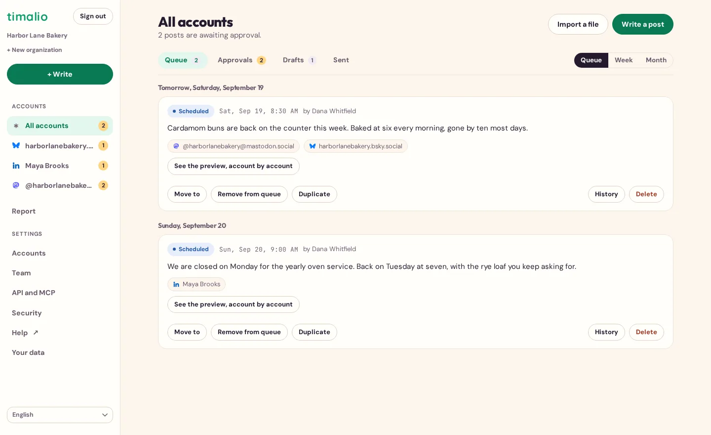 The Timalio publishing queue, split by day: two scheduled posts, the accounts they target, the Queue, Approvals, Drafts and Sent tabs, and the Queue, Week and Month views.
