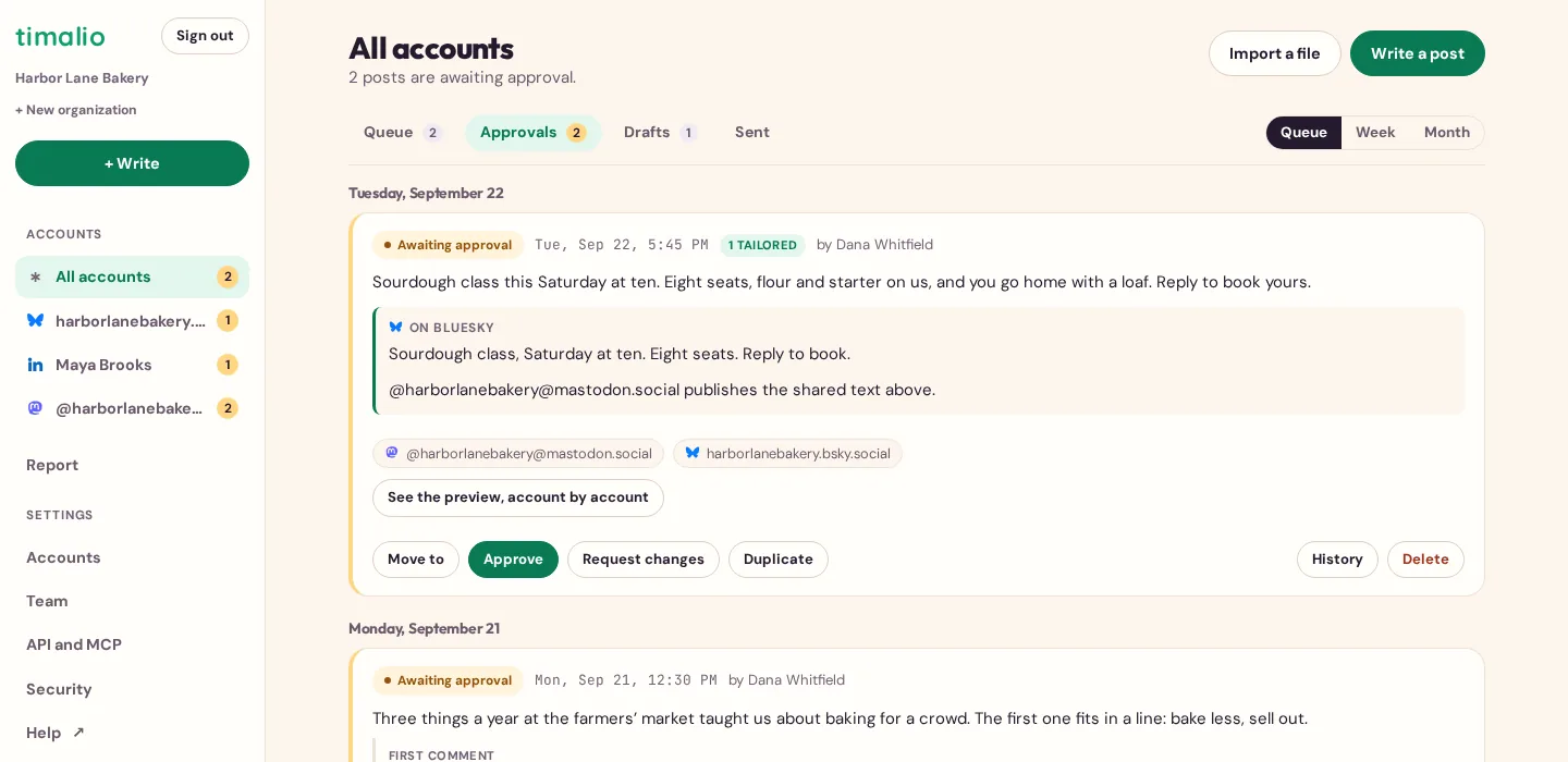 The “Approvals” tab in Timalio, for a made-up bakery: two posts written by an editor are awaiting approval, each with an Approve and a Request changes button, the accounts it targets and, for the first one, its version tailored for Bluesky.