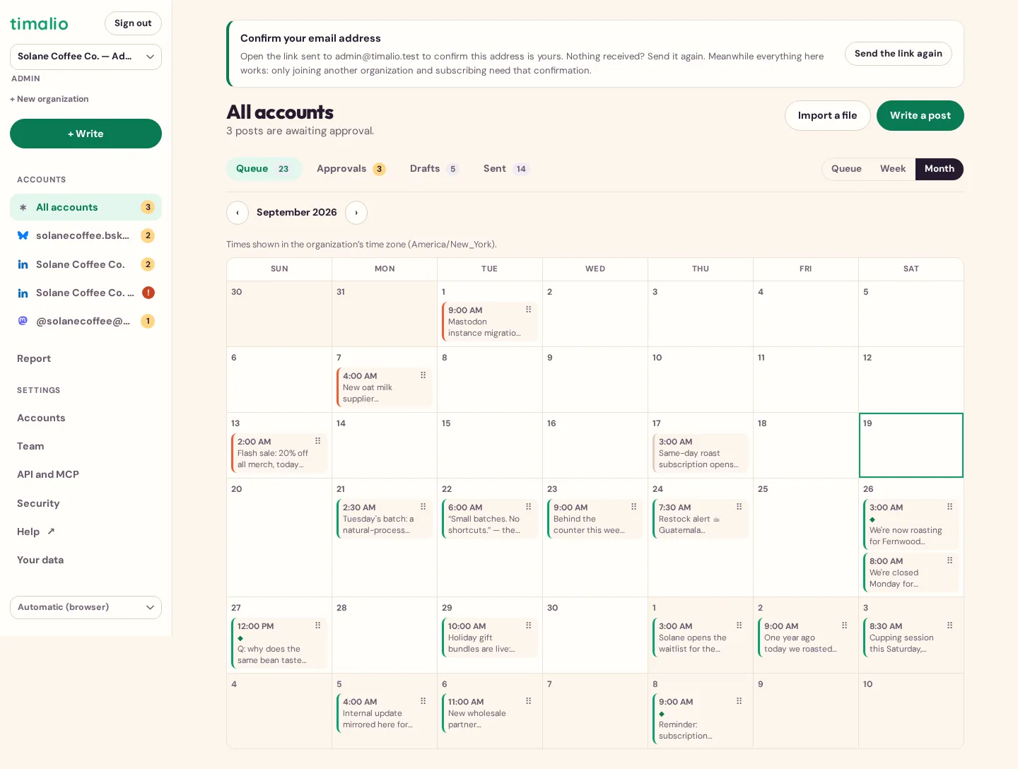 Timalio’s month calendar, showing scheduled posts across two LinkedIn accounts, a Bluesky account and a Mastodon account for one organization.