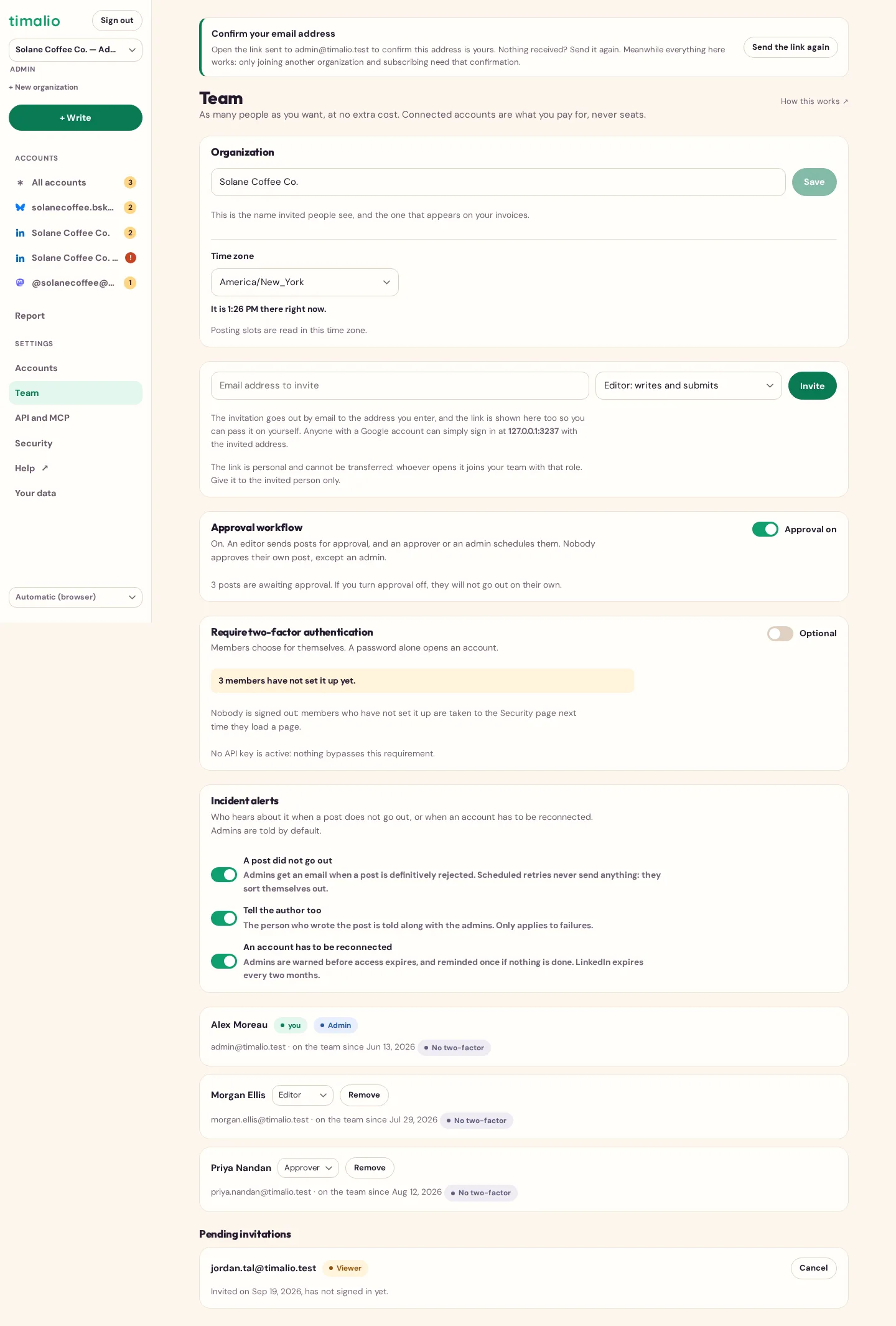 Timalio’s team screen: an invite field with a role picker, the approval workflow toggle, and three team members with their role and two-factor status.
