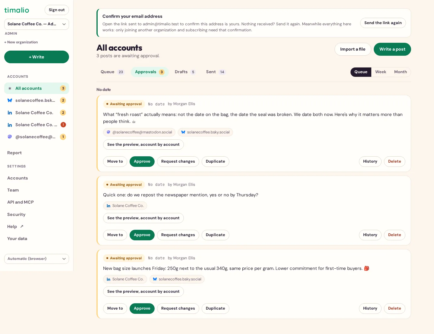The approval queue in Timalio, with three posts awaiting review and an Approve, Request changes or Duplicate button on each.
